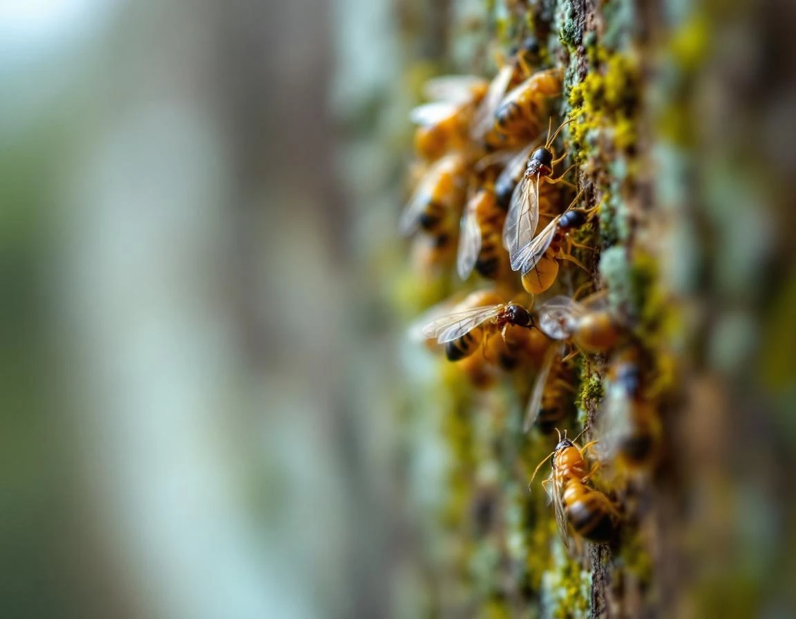 Winged termite alates swarming on cedar siding during Pacific Northwest spring emergence season