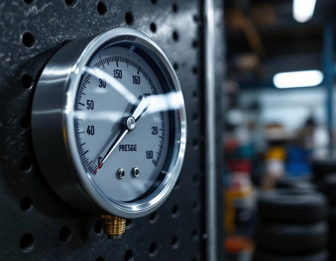 Professional tire pressure gauge mounted on workshop pegboard wall showing measurement dial and metallic construction
