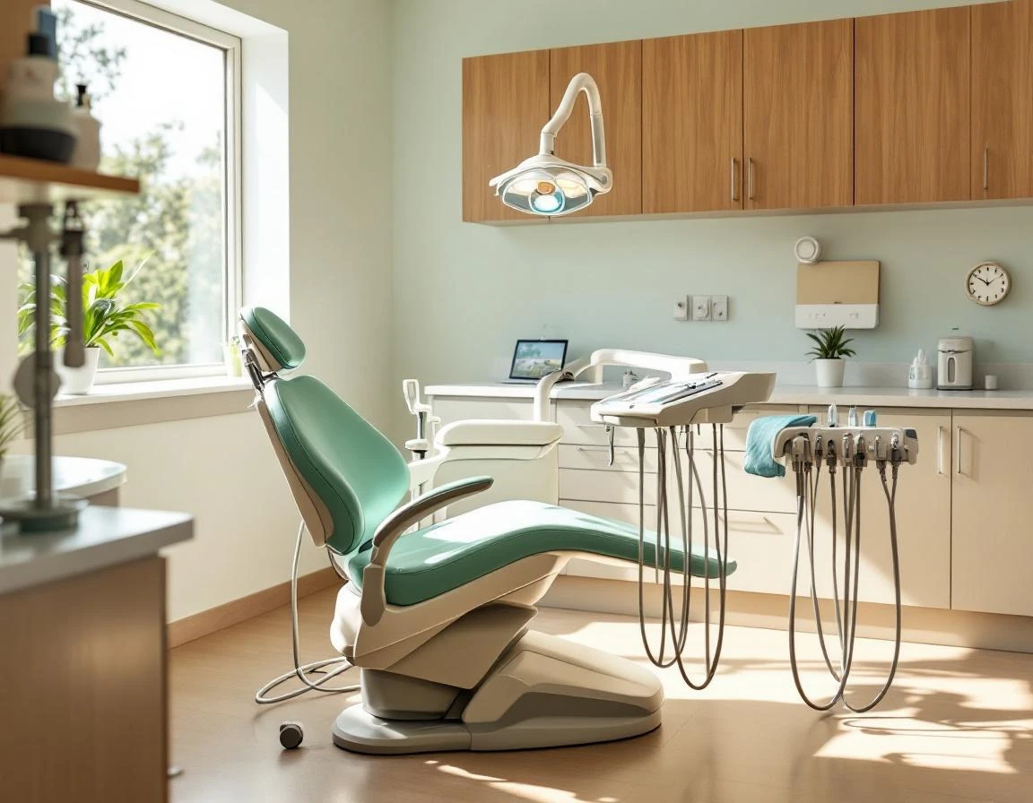Child-sized dental chair in naturally lit pediatric examination room with professional clinical equipment