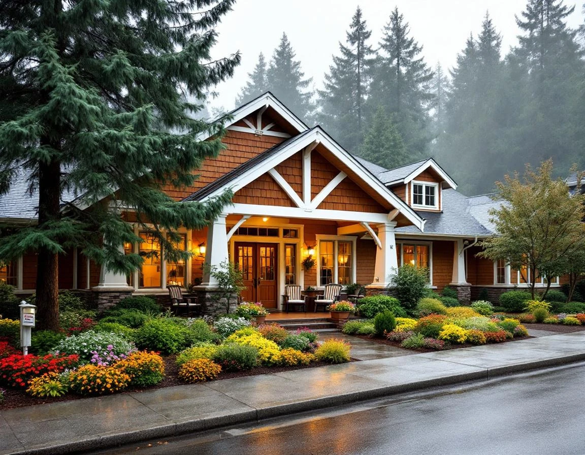 Assisted living facility with craftsman architecture and welcoming entrance gardens in Pacific Northwest setting