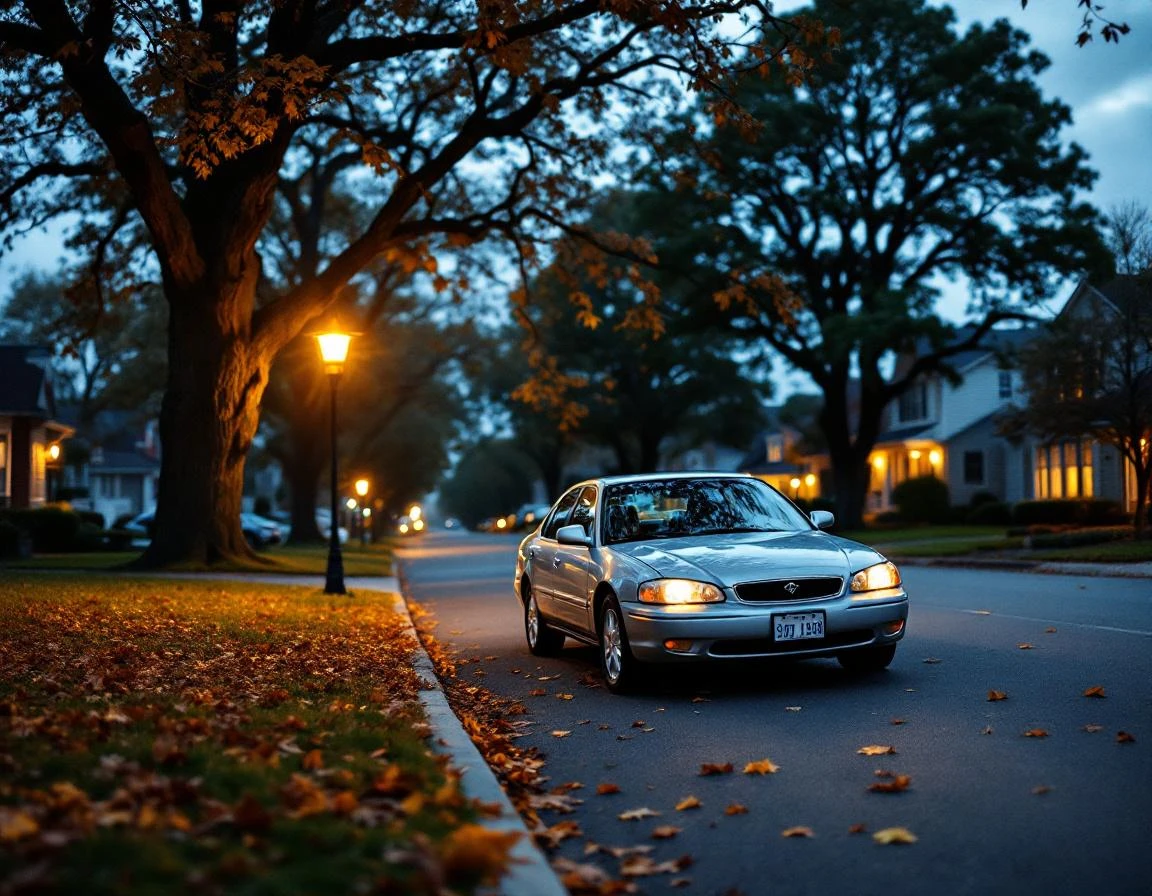 Parked sedan on suburban street at dusk surrounded by autumn trees and residential homes