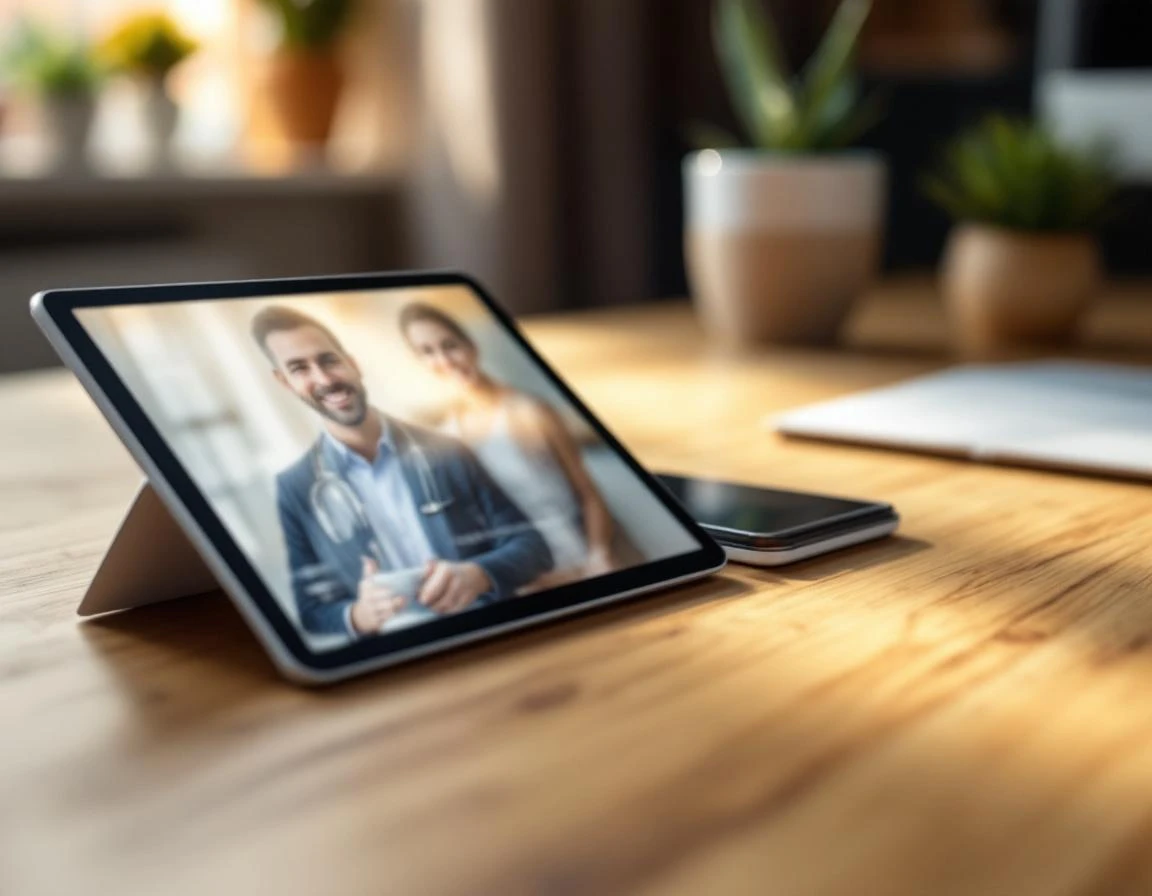 Tablet displaying dental practice website on modern office desk with natural lighting and shallow depth of field