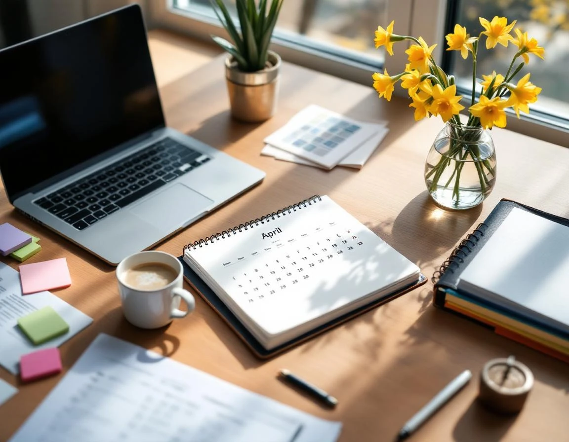Organized accounting workspace with April calendar and spring flowers showing seasonal planning approach