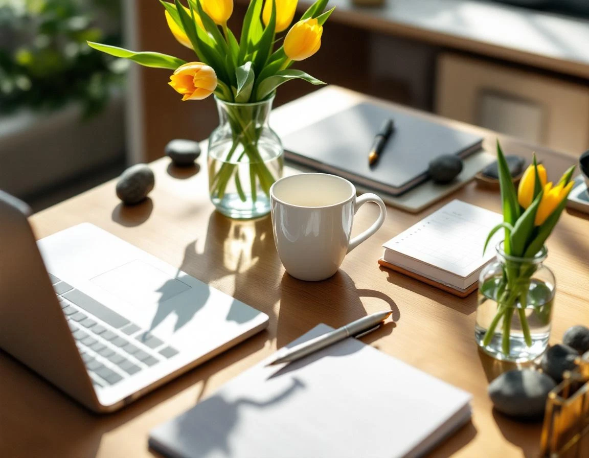 Professional desk workspace with spring flowers, coffee, and blurred planning materials in natural morning light