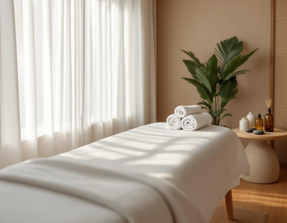 Tranquil spa treatment room with massage table, natural lighting, and organic wellness elements