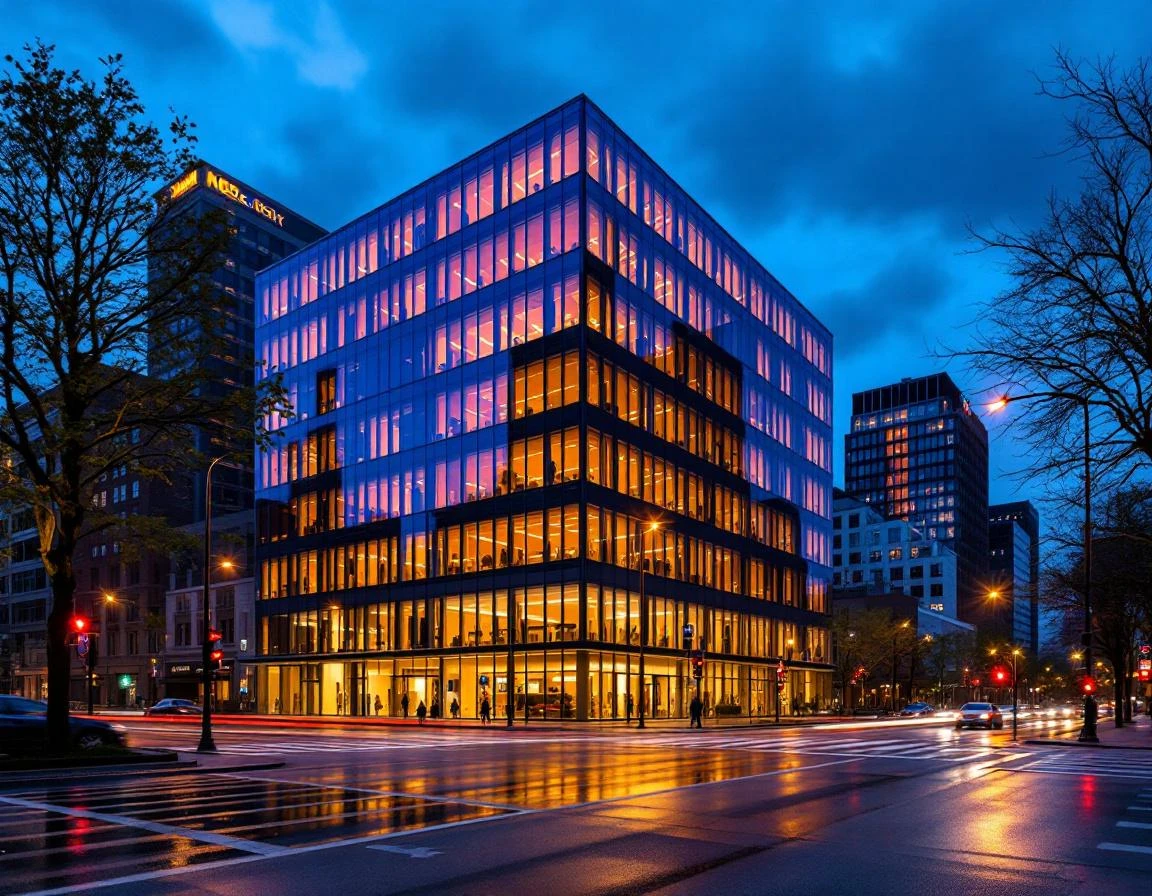 Modern mortgage office building illuminated at dusk with real-time operations visible through glass facade