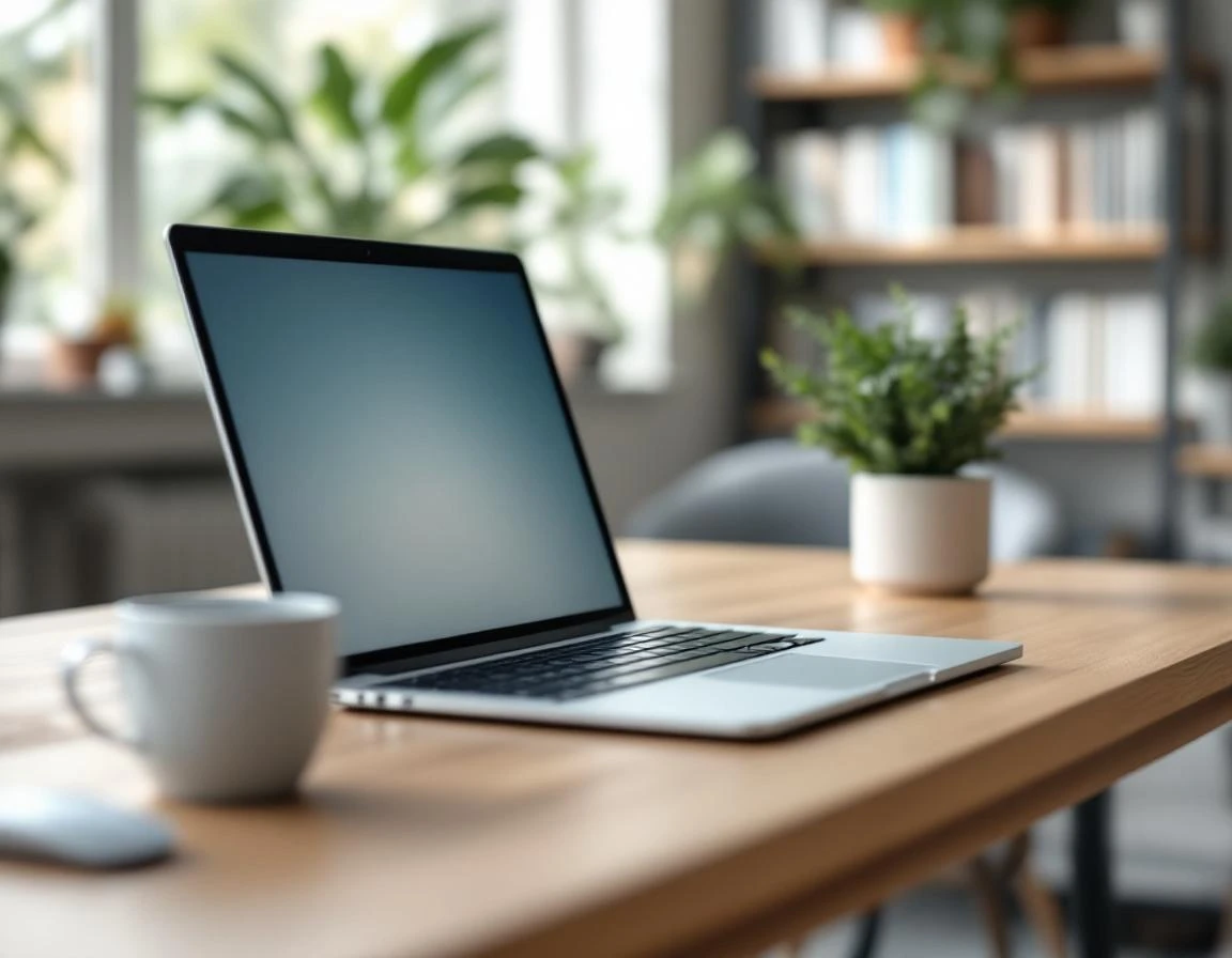 Clean laptop workspace with natural lighting showing modern content creation environment