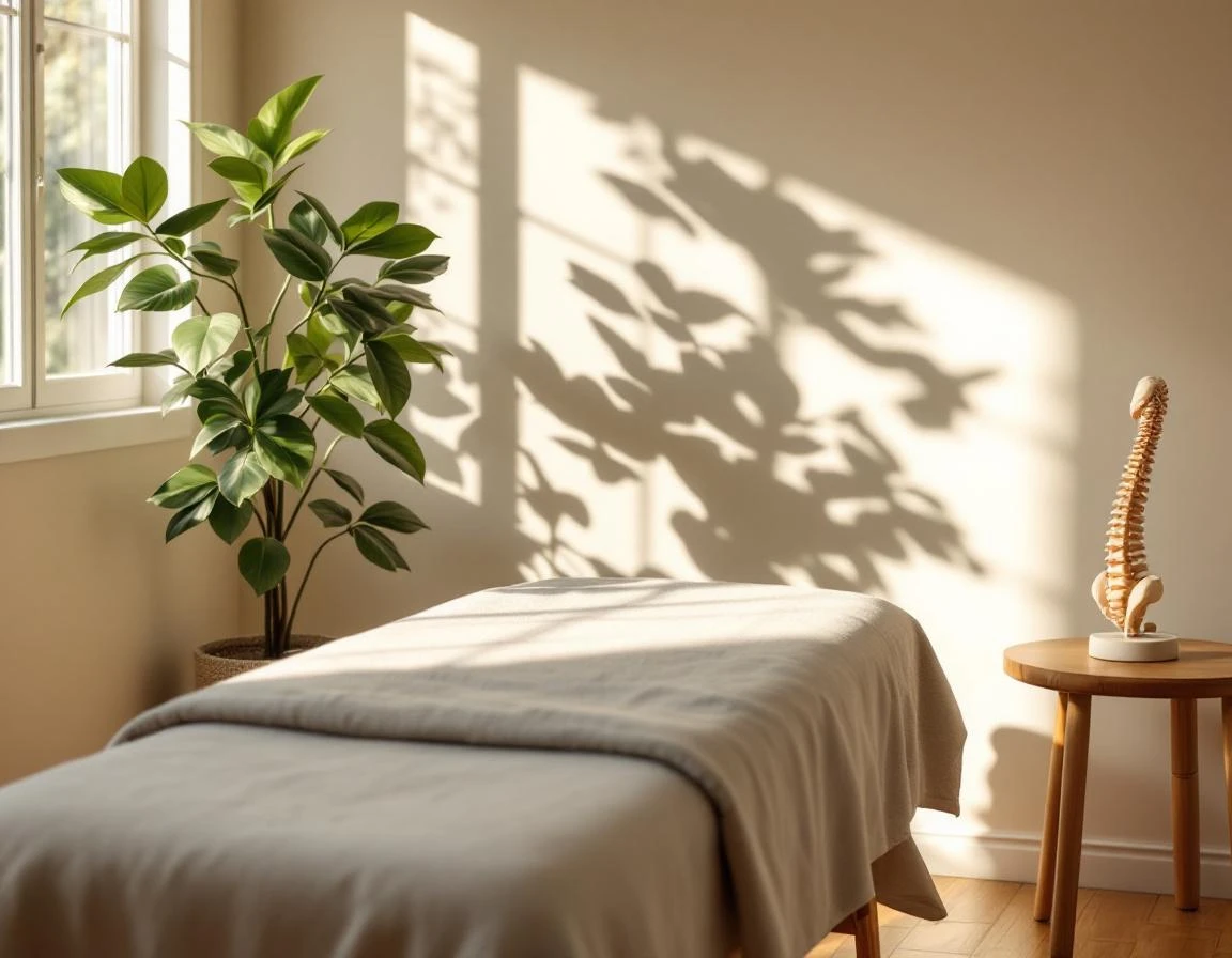 Professional chiropractic treatment room with massage table and natural lighting creating calm wellness atmosphere