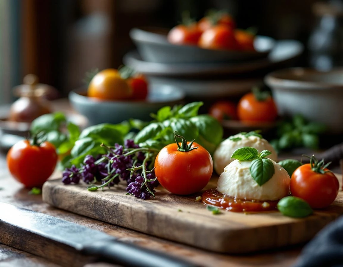 Fresh heirloom tomatoes, purple basil, and burrata on wooden cutting board in restaurant kitchen
