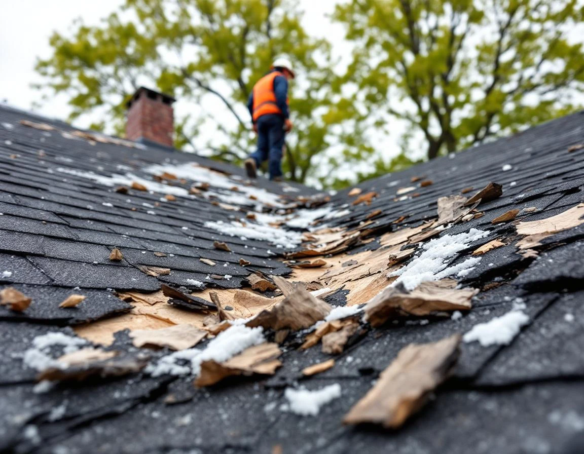 Hail-damaged asphalt roof with inspector assessing storm impact from ridge, viewed from ground level perspective