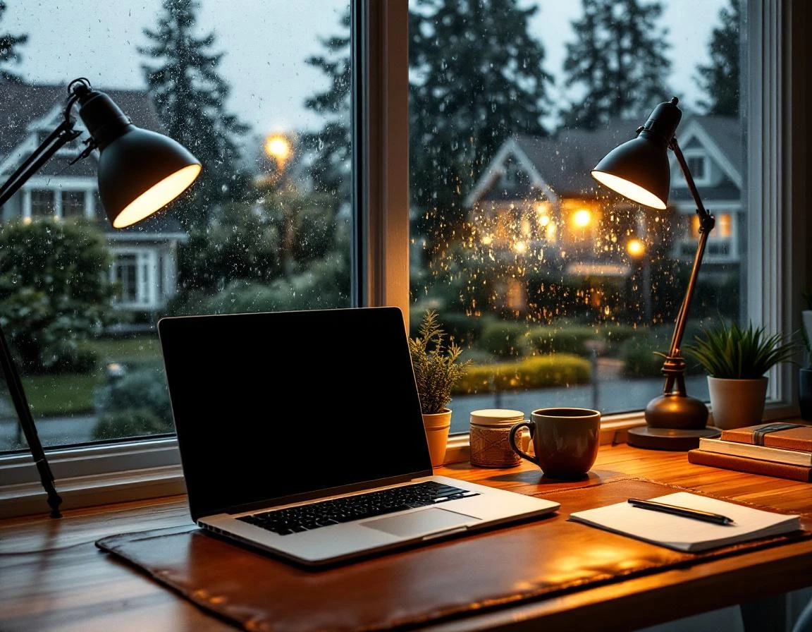 Home office workspace with laptop and rain-streaked window overlooking residential neighborhood during evening