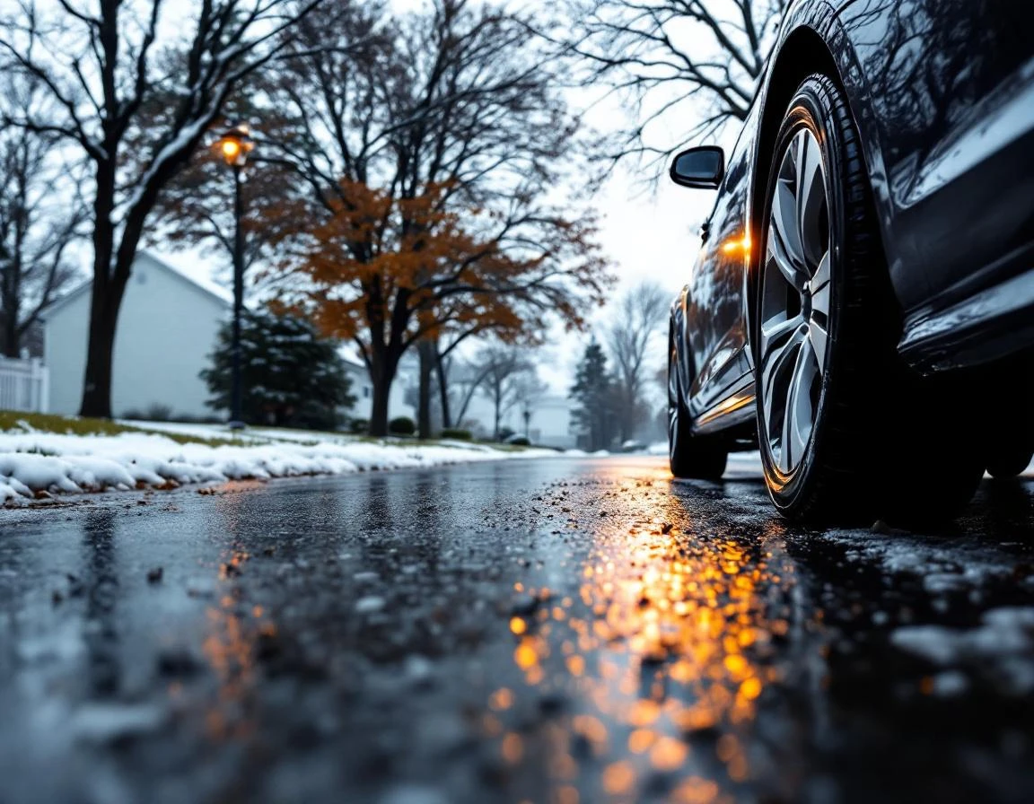 Winter driveway scene showing vehicle tires on wet pavement with bare trees and melting snow in suburban setting
