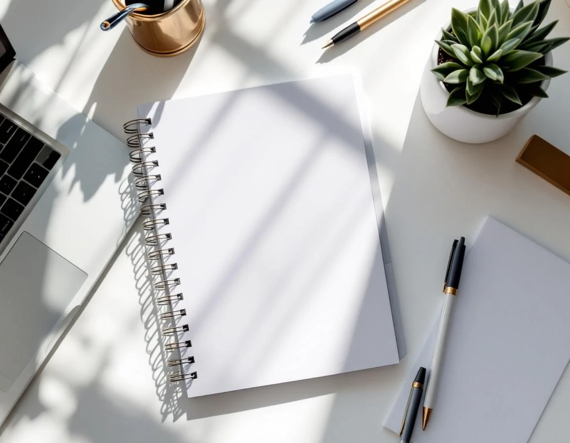 Clean spiral notebook with blank pages on organized desk workspace with coffee and laptop in natural light