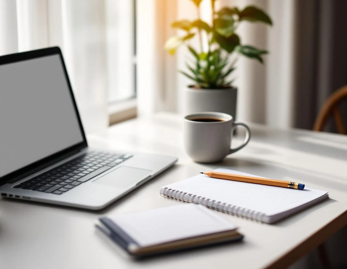 Minimalist desk workspace with closed laptop, coffee, and notebook in natural window light