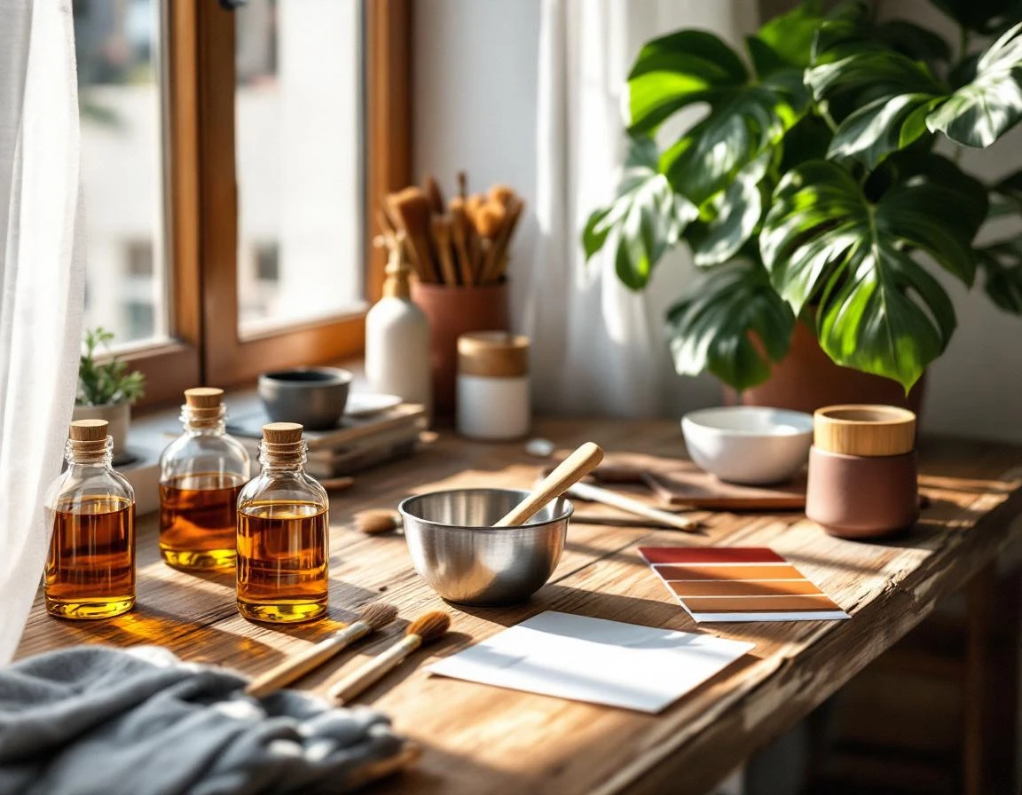 Salon workspace with unlabeled color bottles, mixing tools, and natural plant under soft window lighting