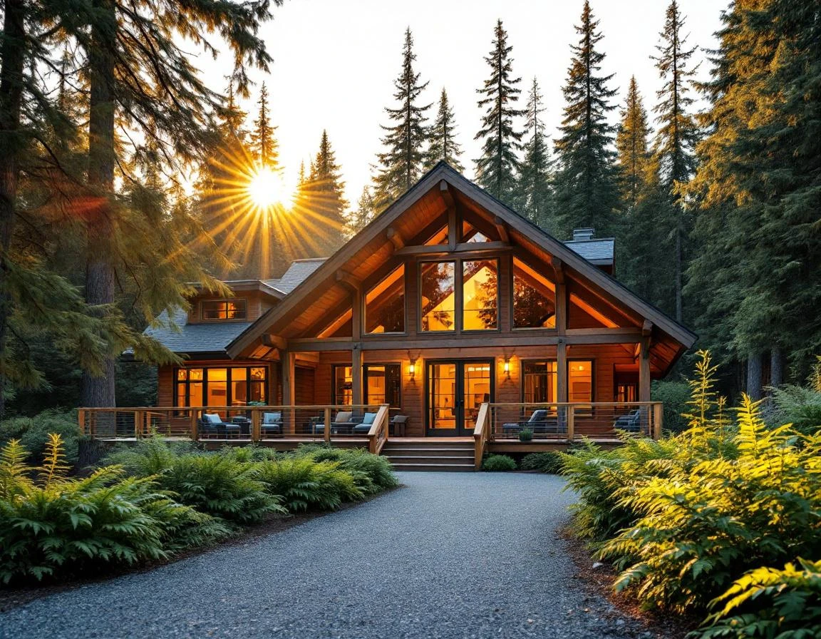 Timber lodge in forest setting during golden hour with natural wood architecture and evergreen surroundings