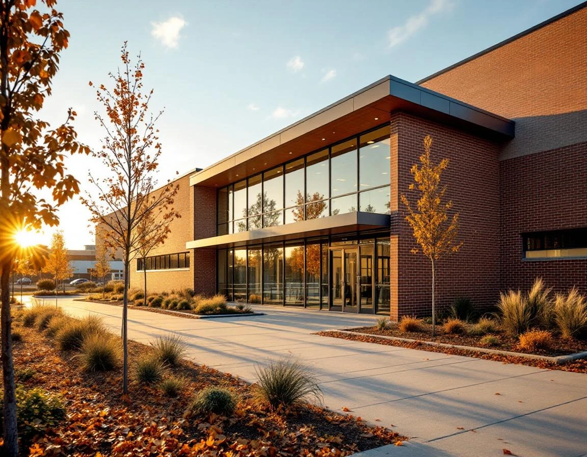 Modern sports facility with glass facade and brick exterior during golden hour autumn afternoon