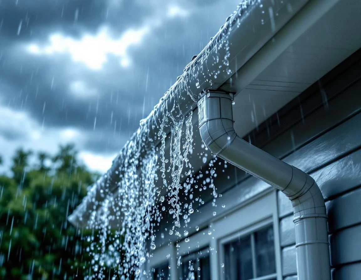 Rainwater flowing through residential gutter system during active storm with downspout directing water away from foundation