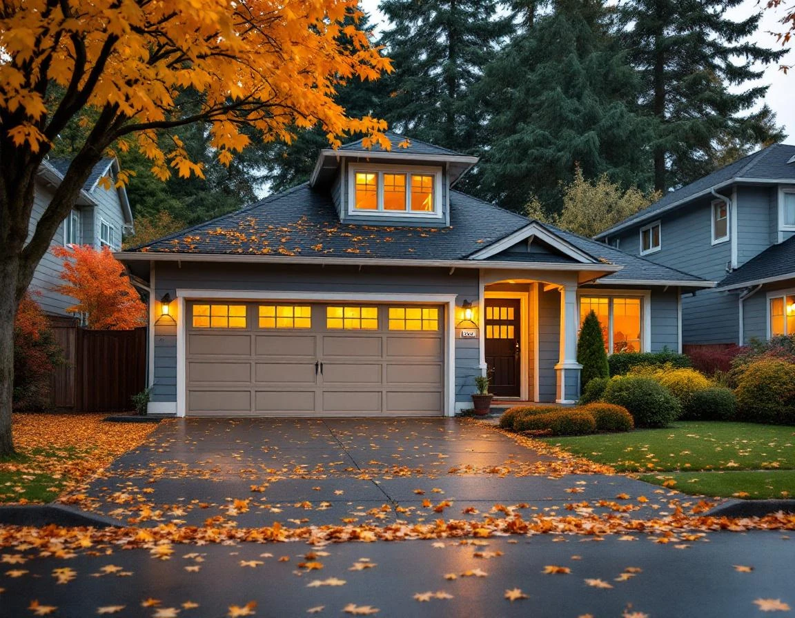 Craftsman home with freshly painted garage door in Pacific Northwest neighborhood during autumn season