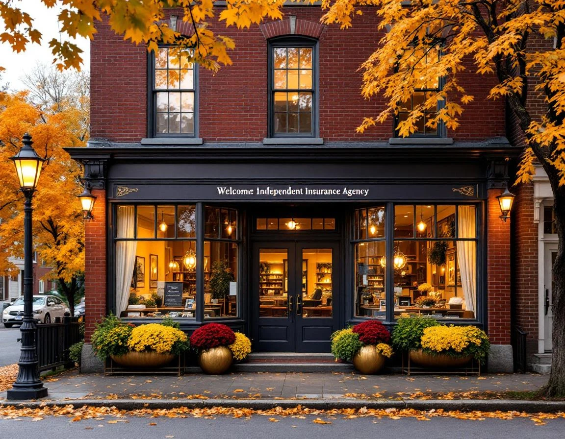 Independent insurance agency office in historic downtown building during autumn season