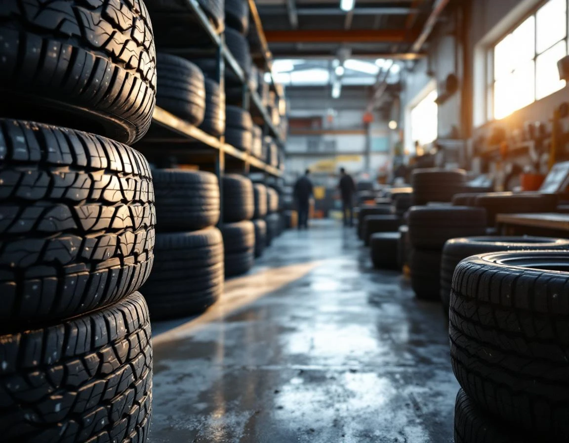 Winter tire inventory in automotive shop showing detailed tread patterns and natural rubber texture
