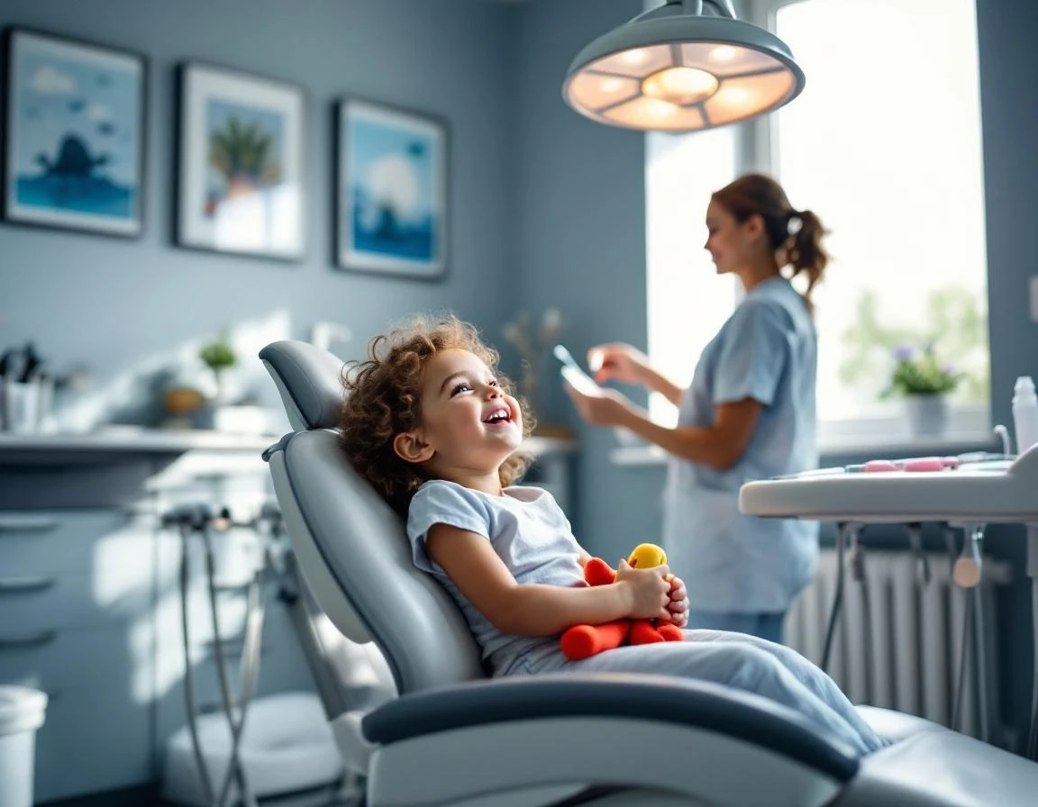 Child in pediatric dental chair with comfort item during examination in naturally-lit treatment room