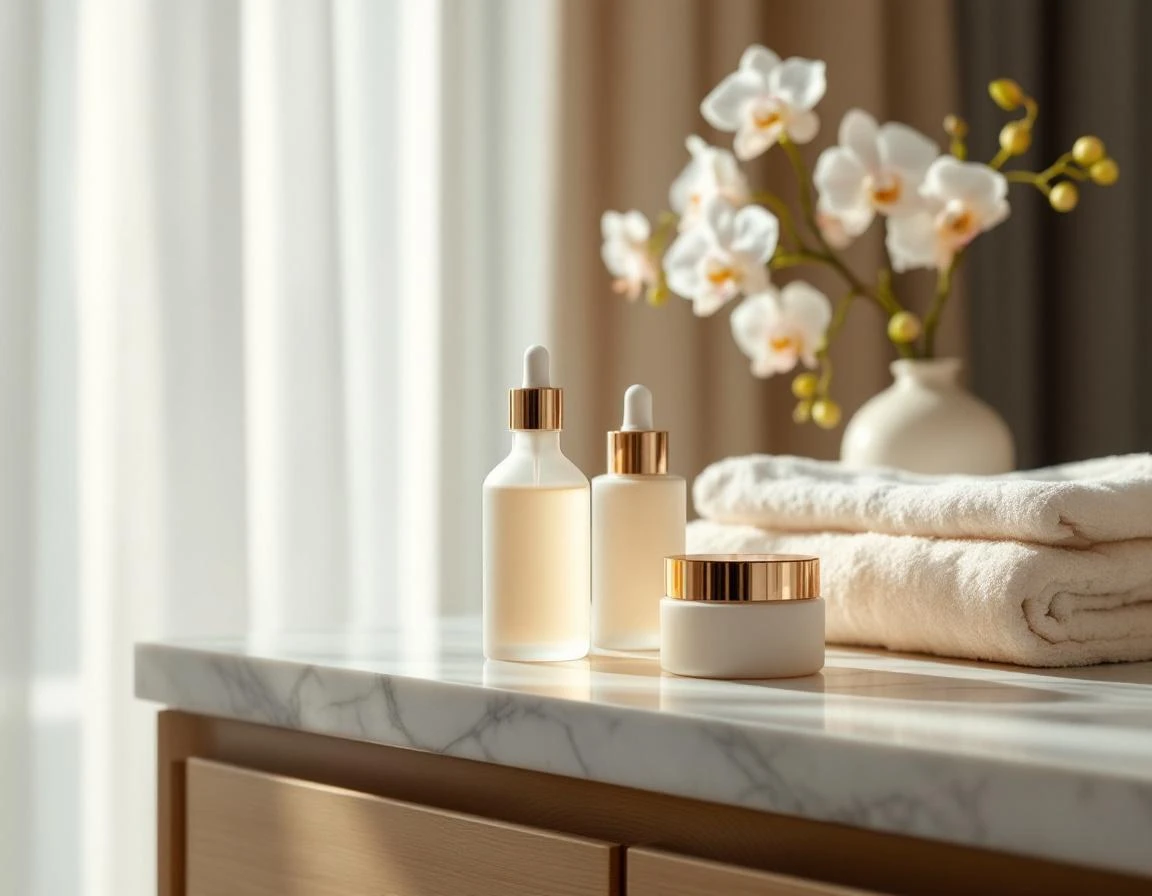 Luxury spa treatment products arranged on marble vanity in soft natural lighting