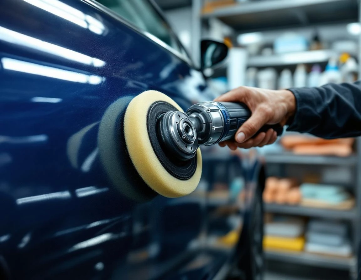 Professional orbital polisher working on automotive paint in detail shop with natural workshop lighting