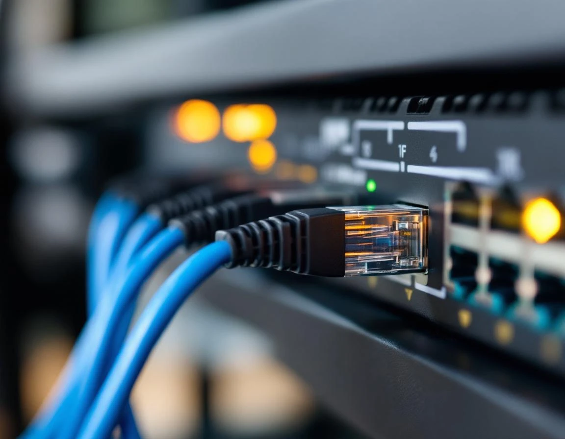 Ethernet cables connected to network switch showing professional AV infrastructure installation