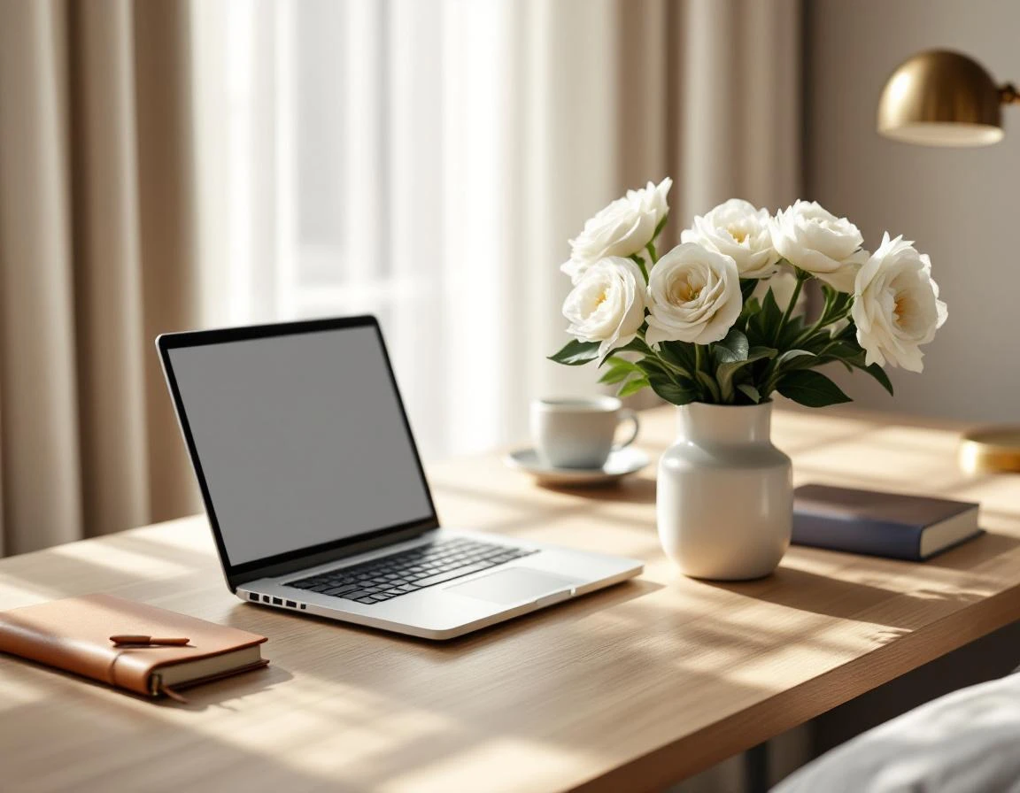 Minimalist hotel desk workspace with closed laptop, fresh flowers, and natural morning light creating boutique ambiance
