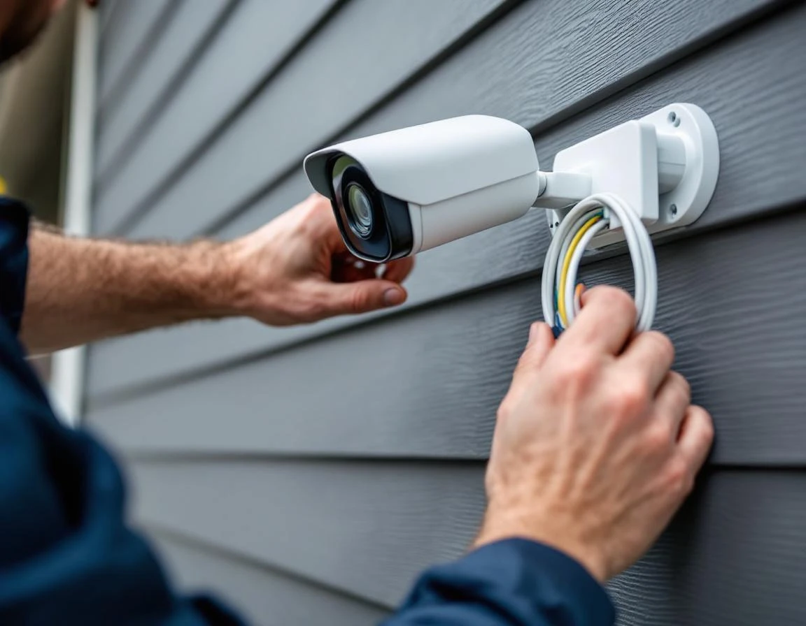 Professional technician installing exterior security camera mount with detailed wiring and precision tools
