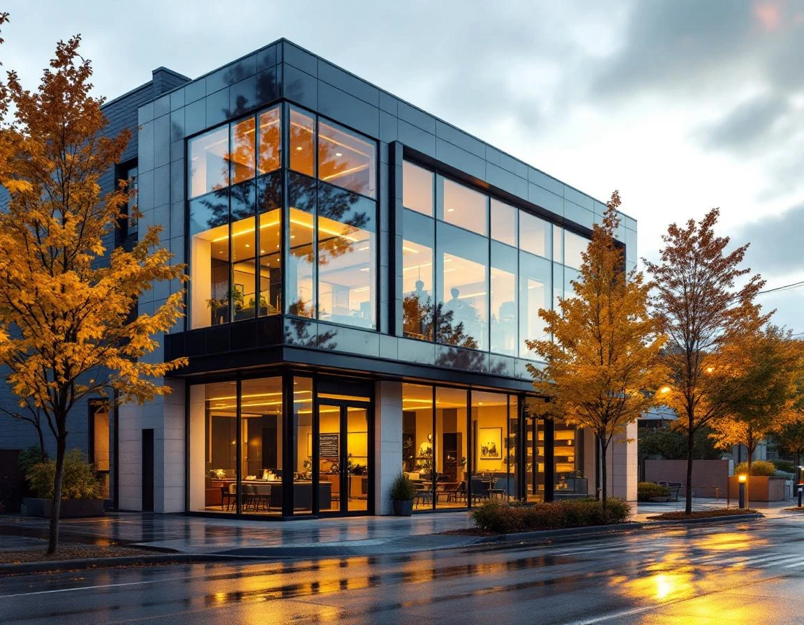 Contemporary mortgage office building exterior during golden hour in Seattle's urban financial district