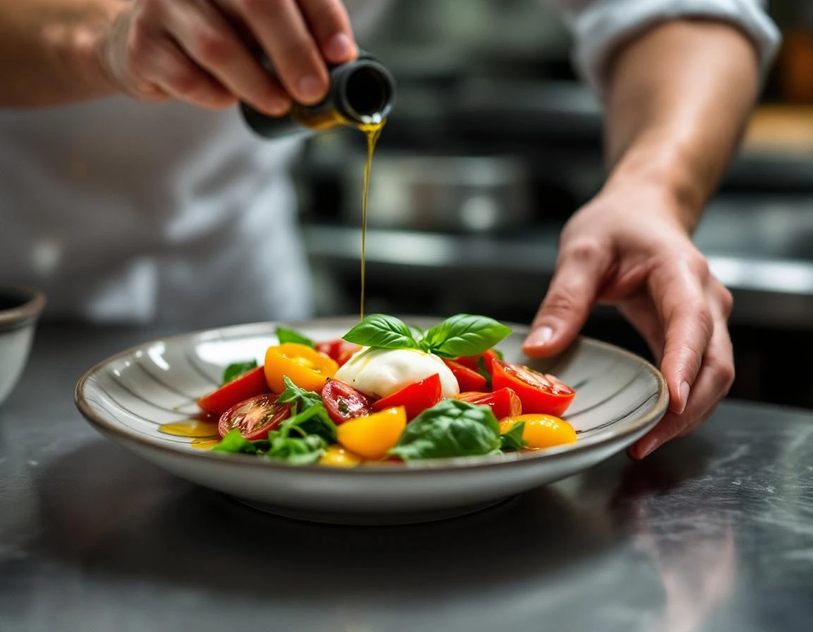 Chef's hands carefully plating fresh heirloom tomatoes with olive oil and herbs on white ceramic plate