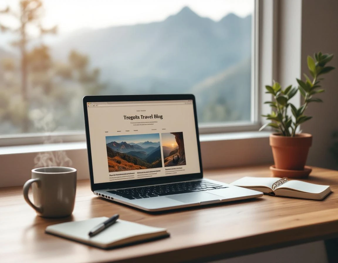 Laptop displaying destination guide interface on wooden desk with coffee and notebook by window