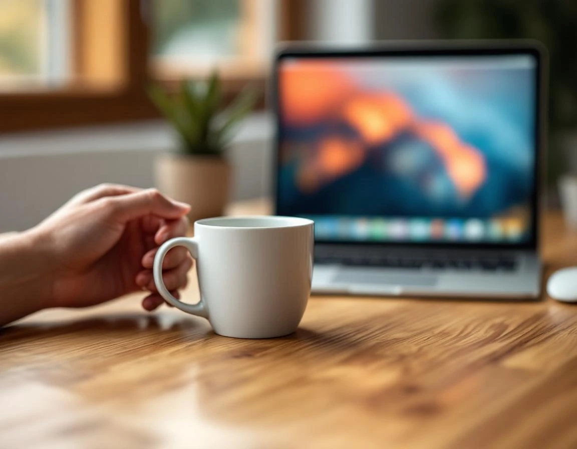 Hands at wooden desk workspace with coffee and laptop blurred in background, morning natural light
