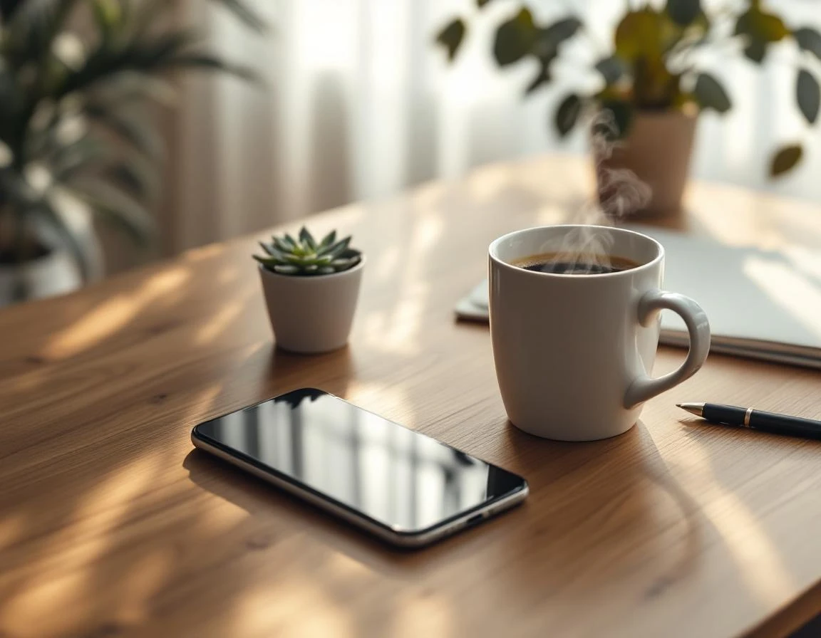 Organized home office desk with smartphone and coffee, prepared for emergency contact research