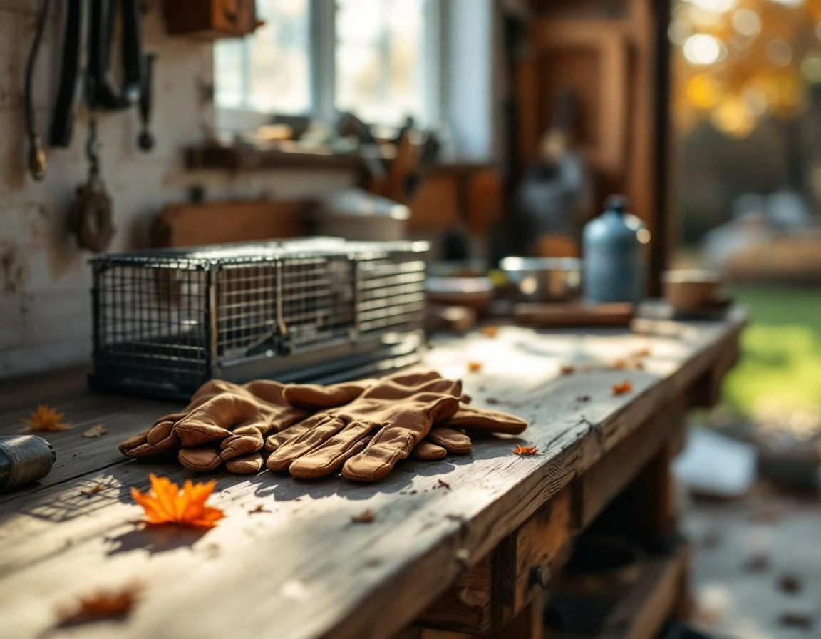 Humane wildlife trap and work gloves on garage workbench with natural lighting and autumn debris