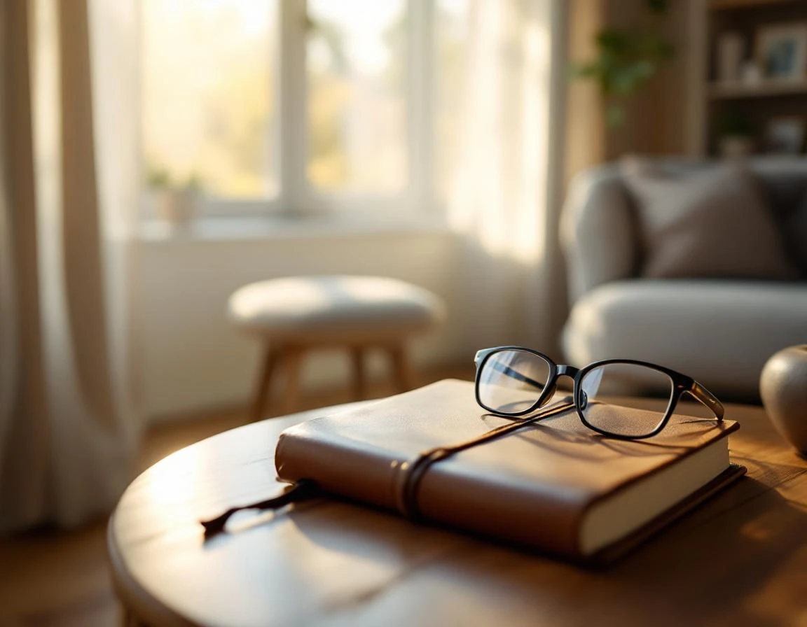 Sunlit living room corner with journal and glasses on wooden table suggesting daily caregiving routine