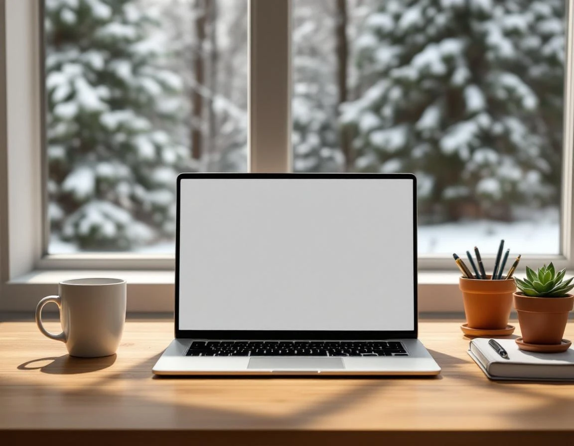 Clean home office desk with laptop and coffee mug bathed in natural winter light from nearby window