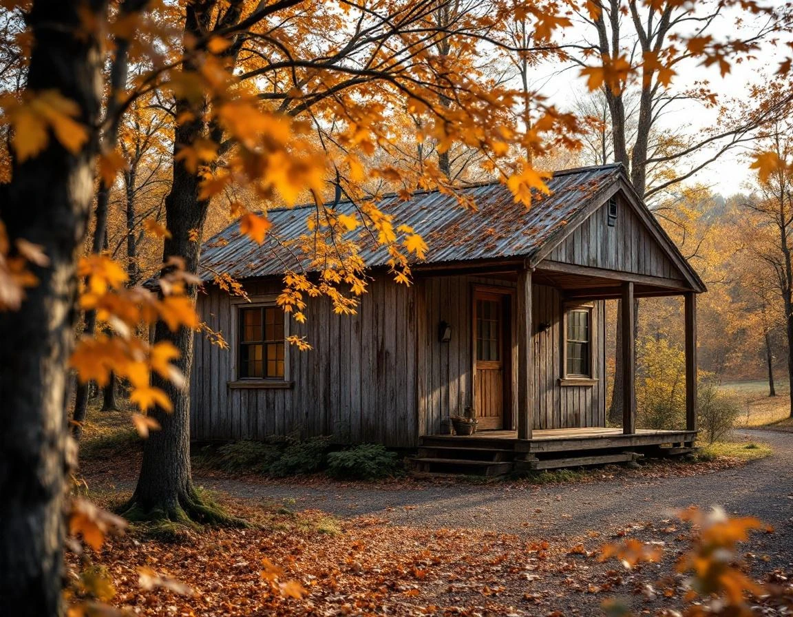 Weathered cabin surrounded by autumn foliage during Vermont's shoulder season with natural golden hour lighting