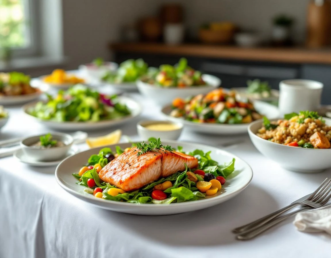 Professional catering spread with fresh salads, proteins, and seasonal sides arranged on white serving plates