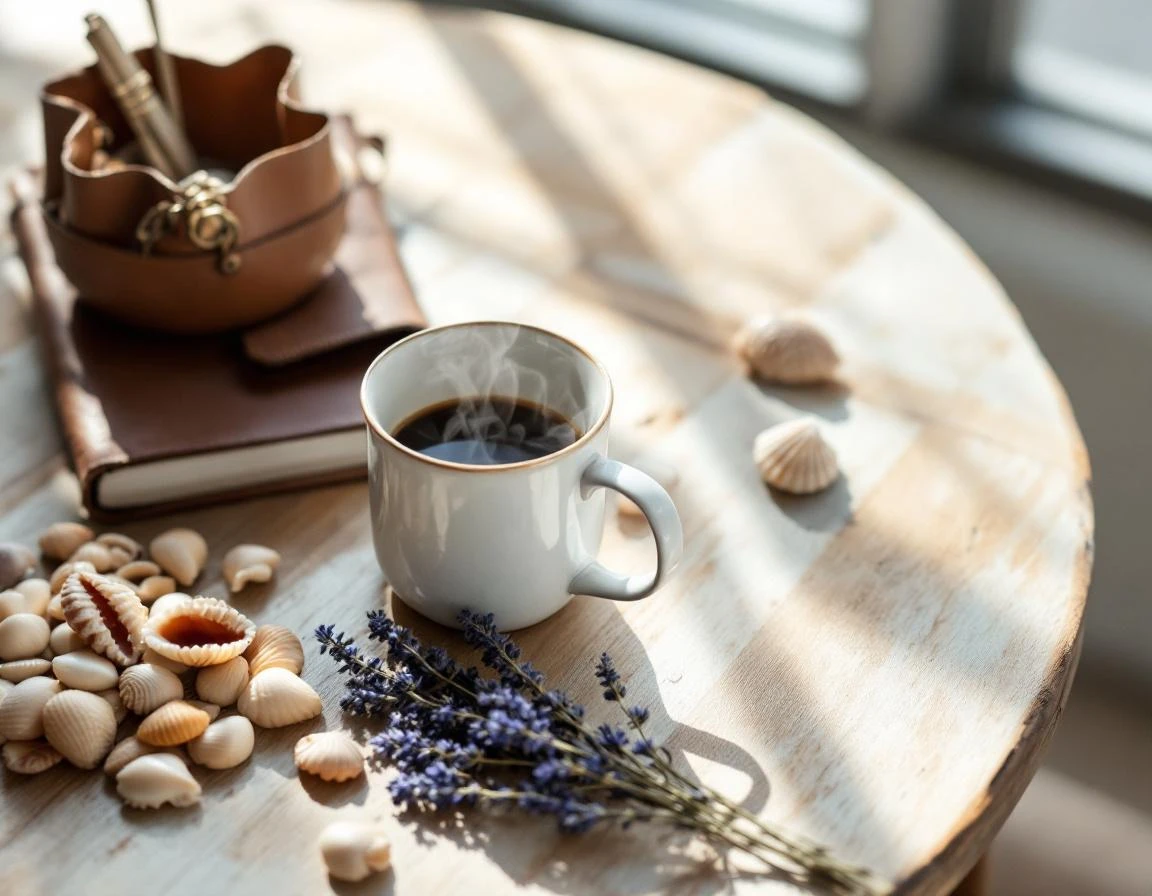 Flat-lay of coffee, lavender, shells, and leather accessories on wooden table with morning light