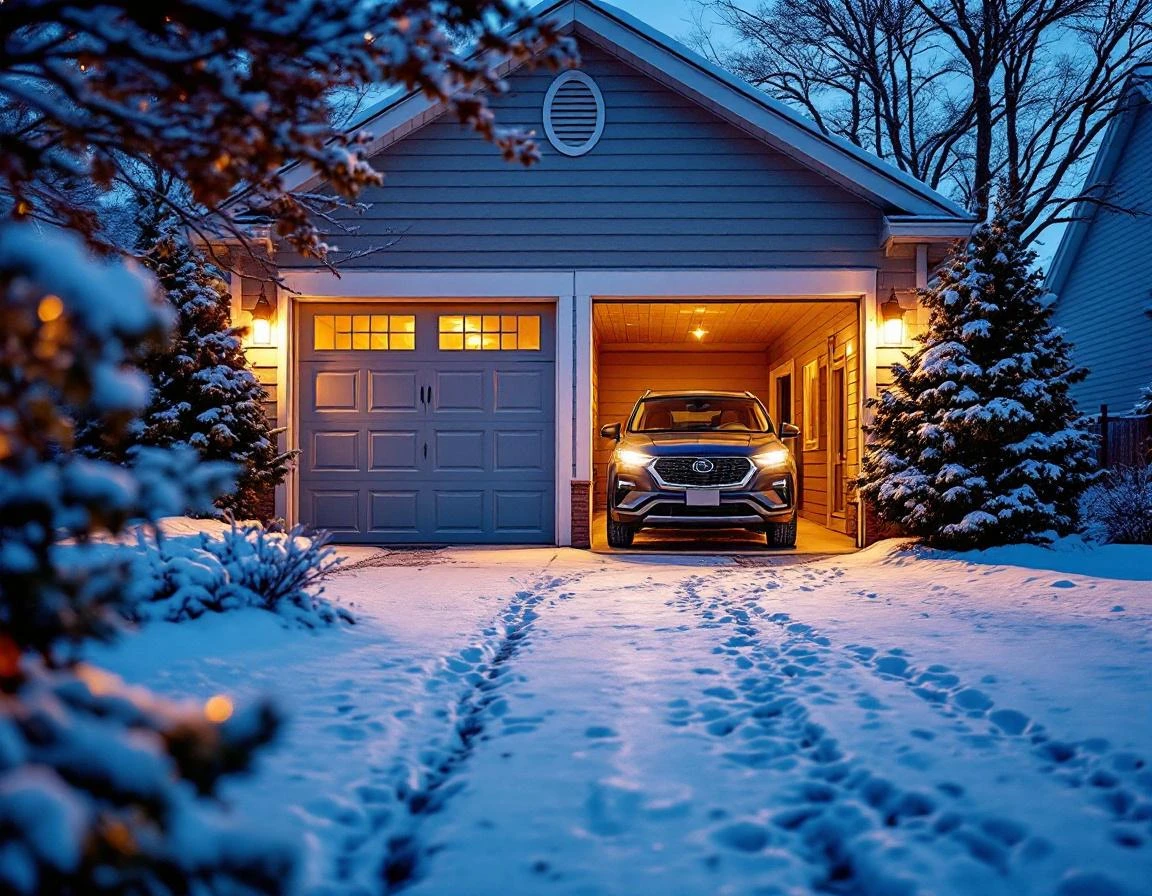 Residential garage with vehicle on winter tires during evening snowfall in suburban Chicago neighborhood
