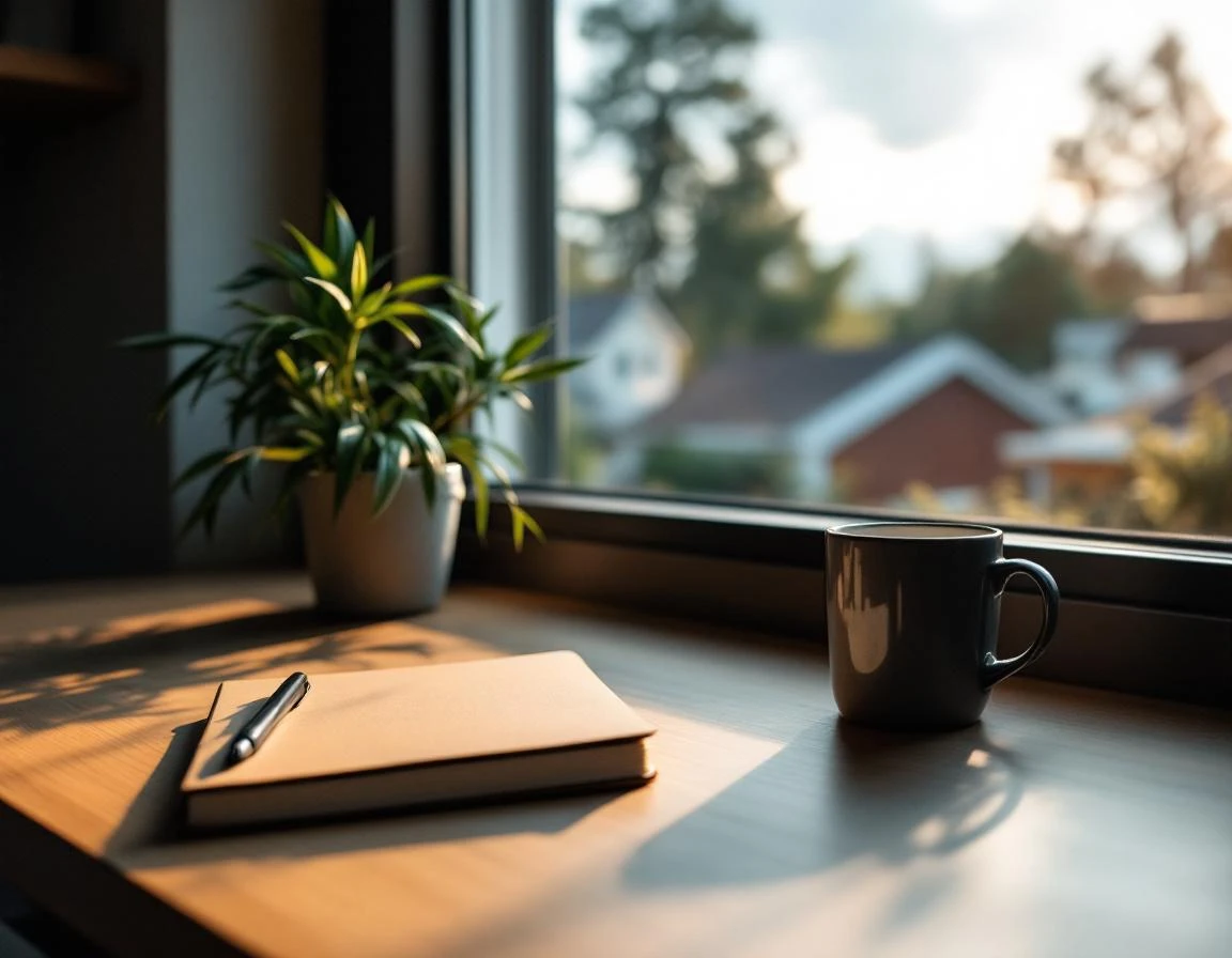 Wooden desk in martial arts studio office with notebook and bamboo plant during evening hours