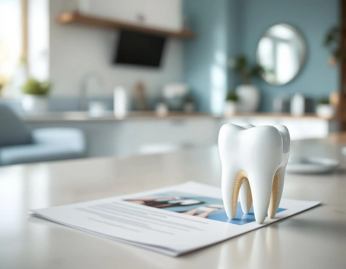Dental education materials including anatomical tooth model on clean office desk with soft natural lighting