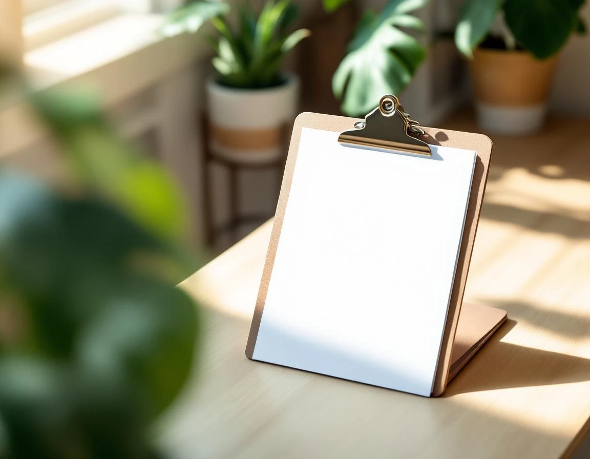 Blank clipboard on wooden desk with natural light and plants in home office setting