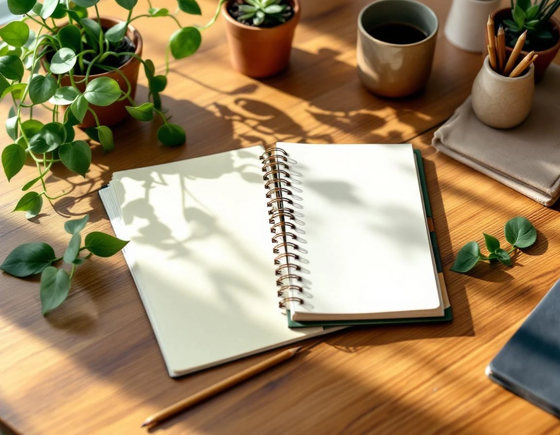 Minimalist desk workspace with blank planner, plants, and organizational tools for seasonal content planning