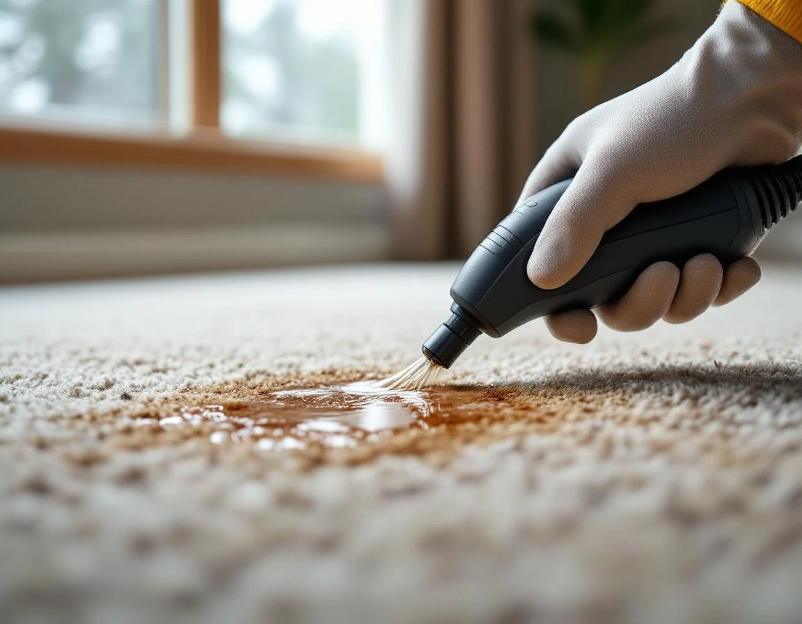Professional enzymatic carpet cleaning treatment being applied to fresh pet stain with specialized spot removal tool