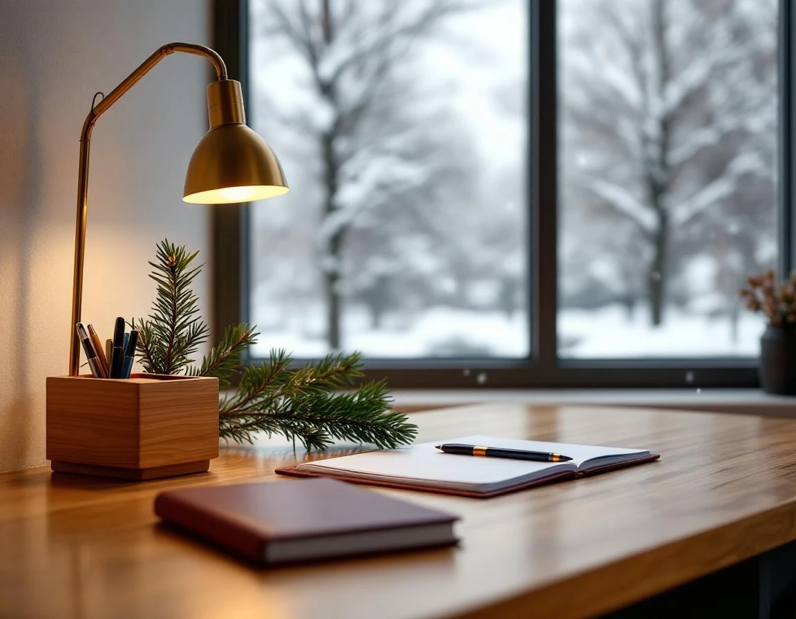 Accountant's winter office desk with evergreen branches, warm lamp, and snowy window view during December