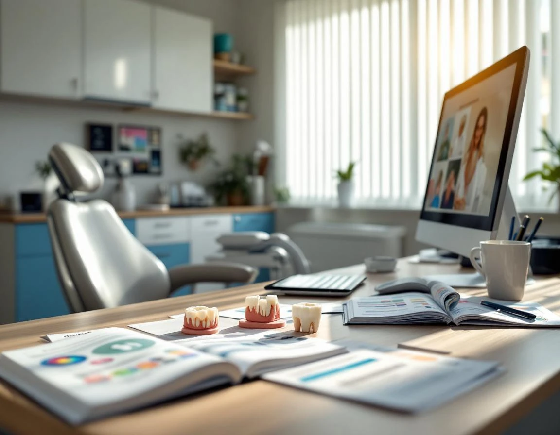 Modern dental office workspace with patient education materials, anatomical models, and treatment guides on desk